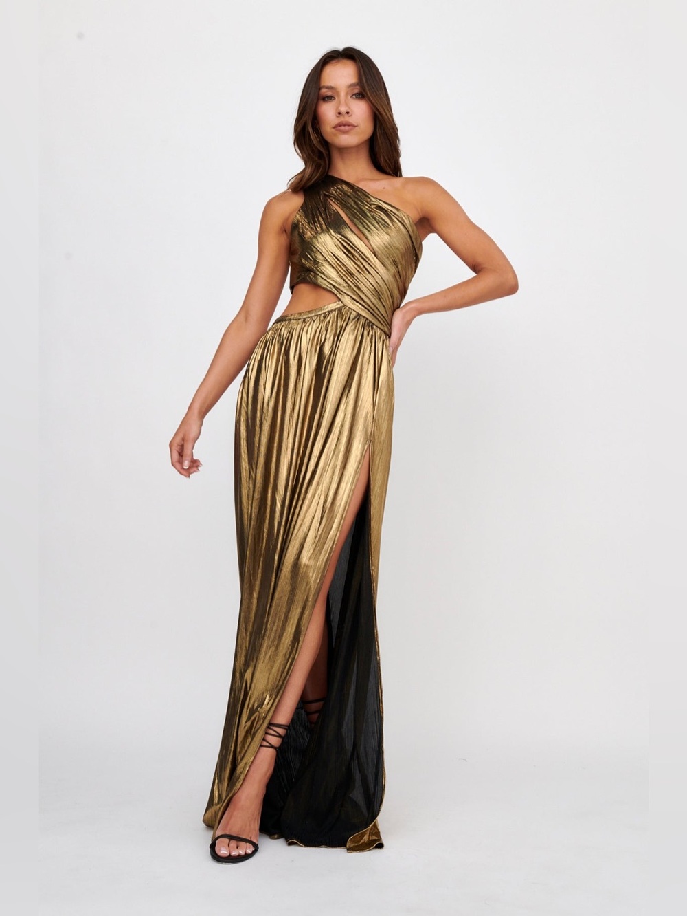 Selfie Leslie Fortuna One Shoulder Split Maxi Dress Black/Gold - Picture 2 of 5